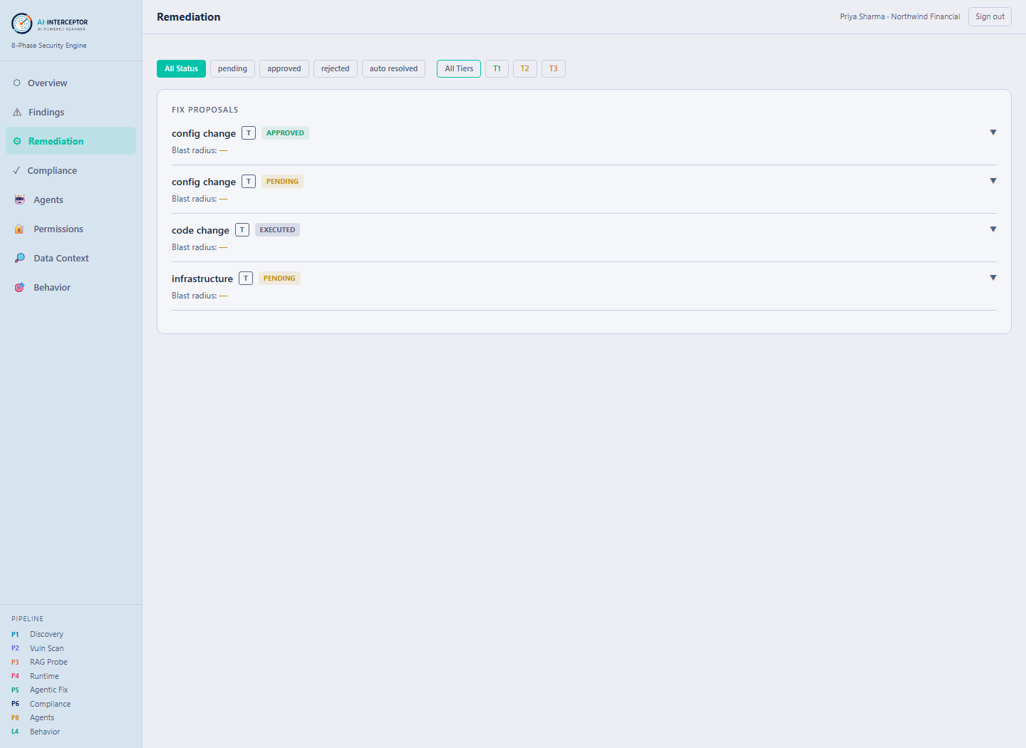 AI-Interceptor Remediation — fix proposals with safety tiers and approval workflow