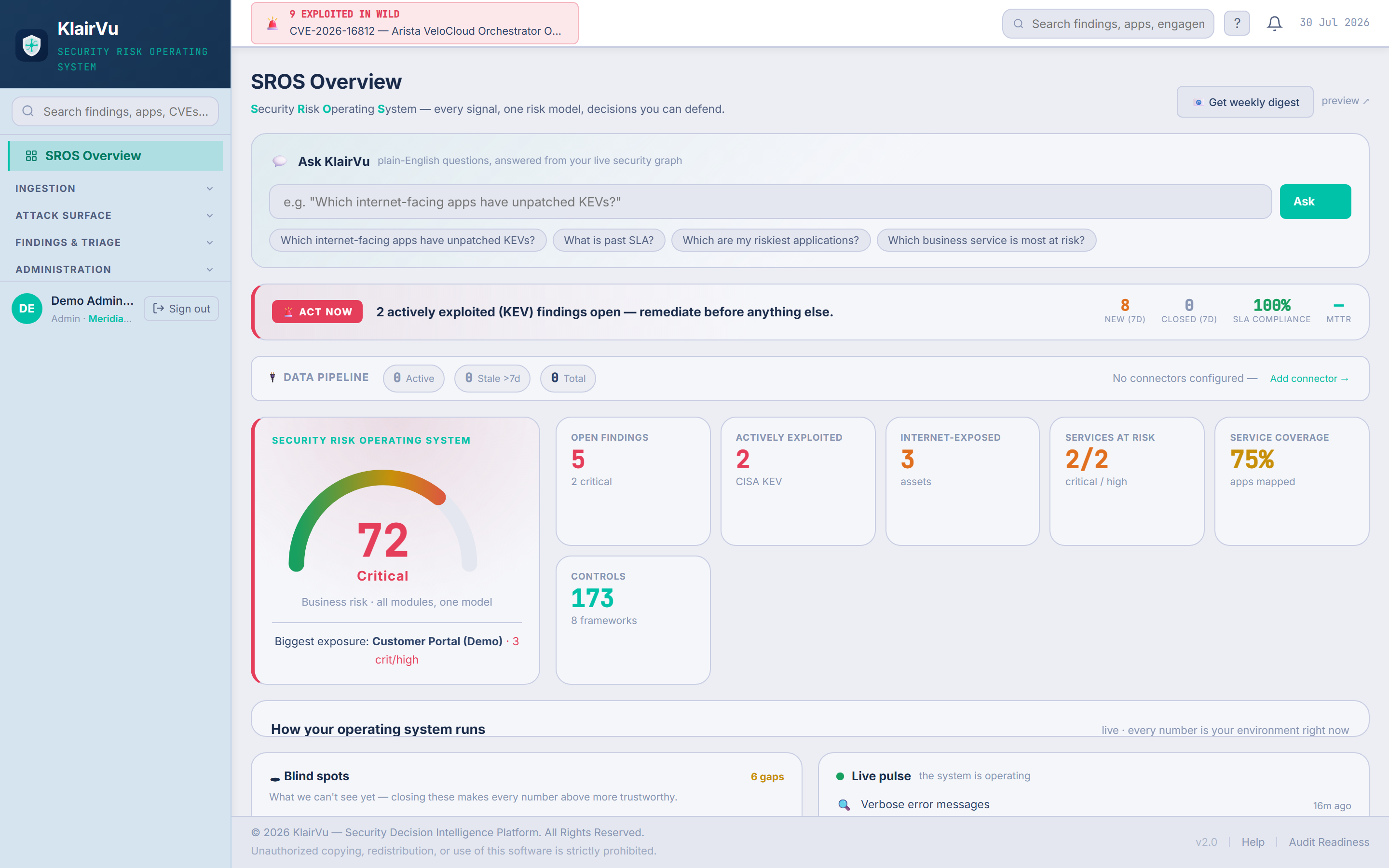 Klair Vu overview: live risk score and actively exploited findings