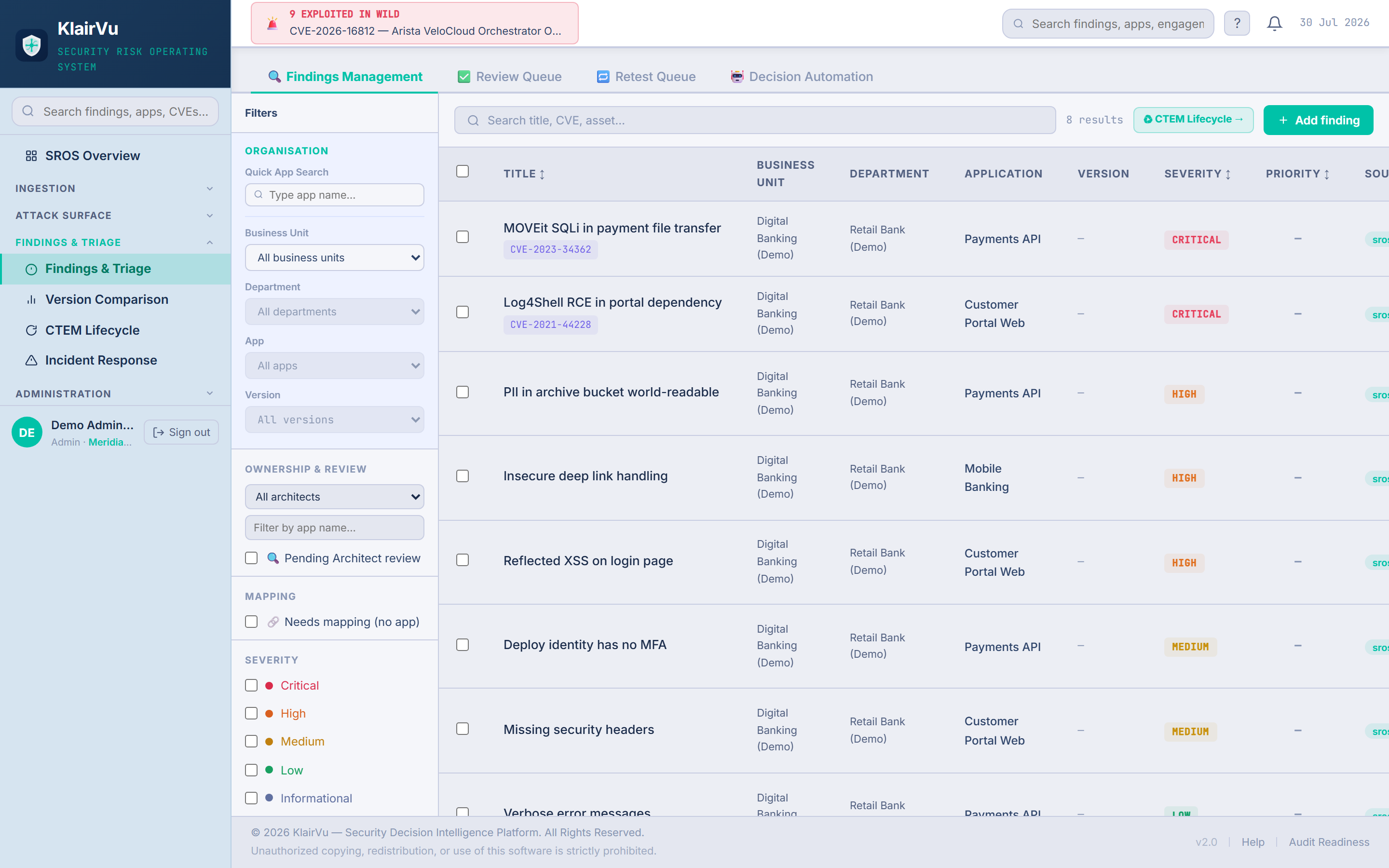 Klair Vu findings queue mapped to business units and applications